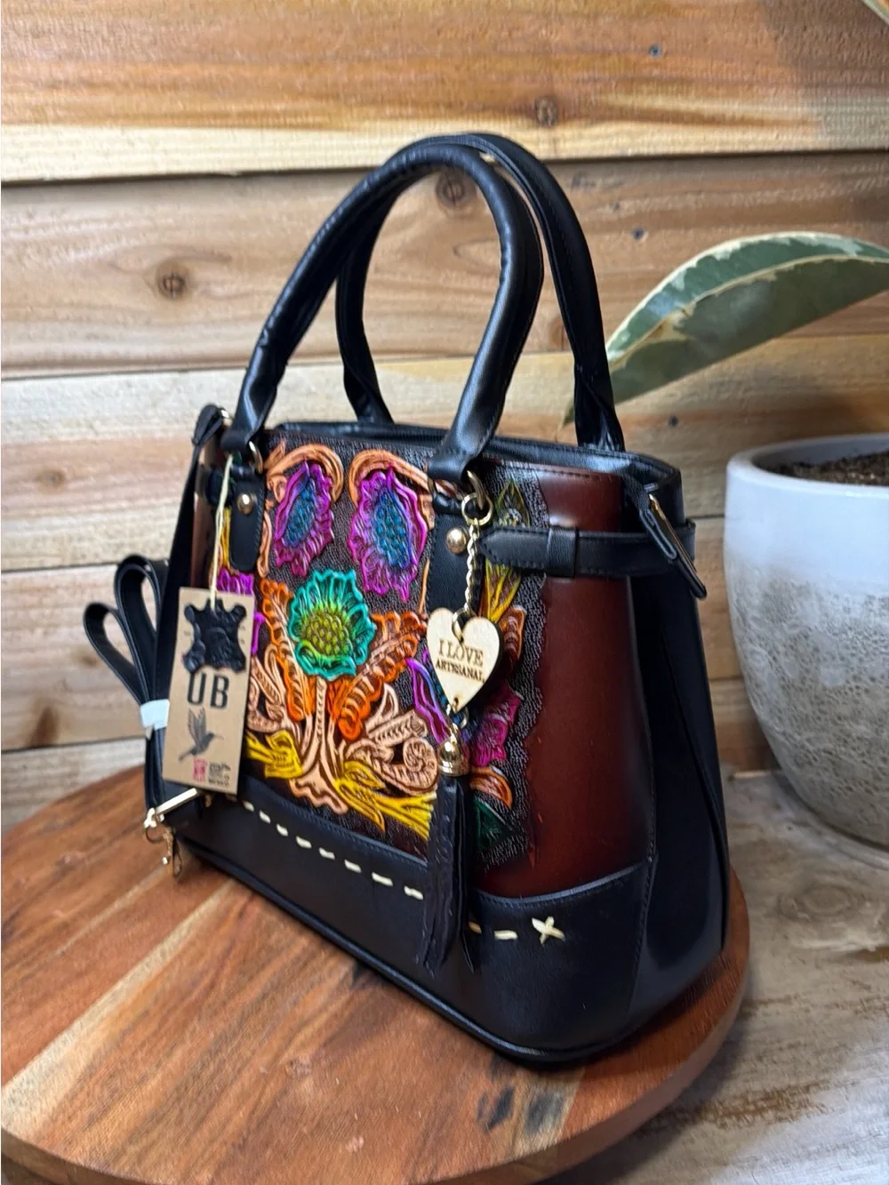 Embroidered Floral Satchel Handbag - Multicolor